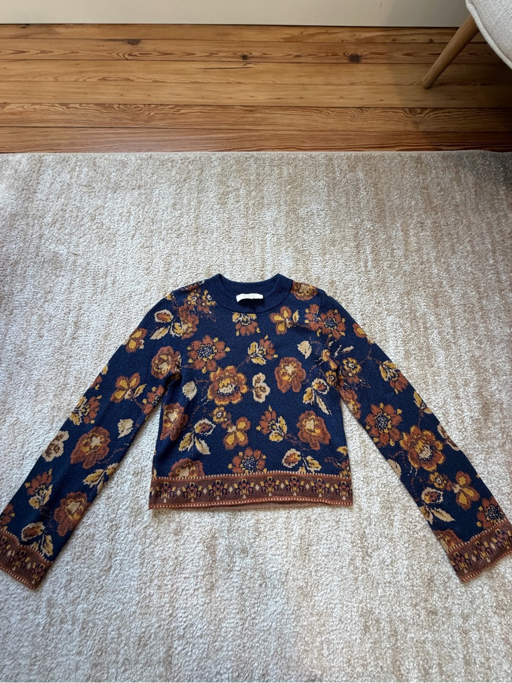 Sézane Floral Crewneck Sweater in Metallic Navy and Brown